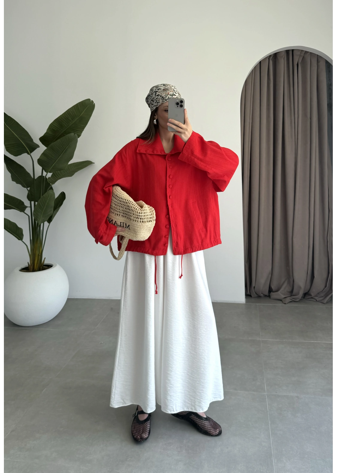 Oversize Düğme Detaylı Keten Kırmızı Ceket