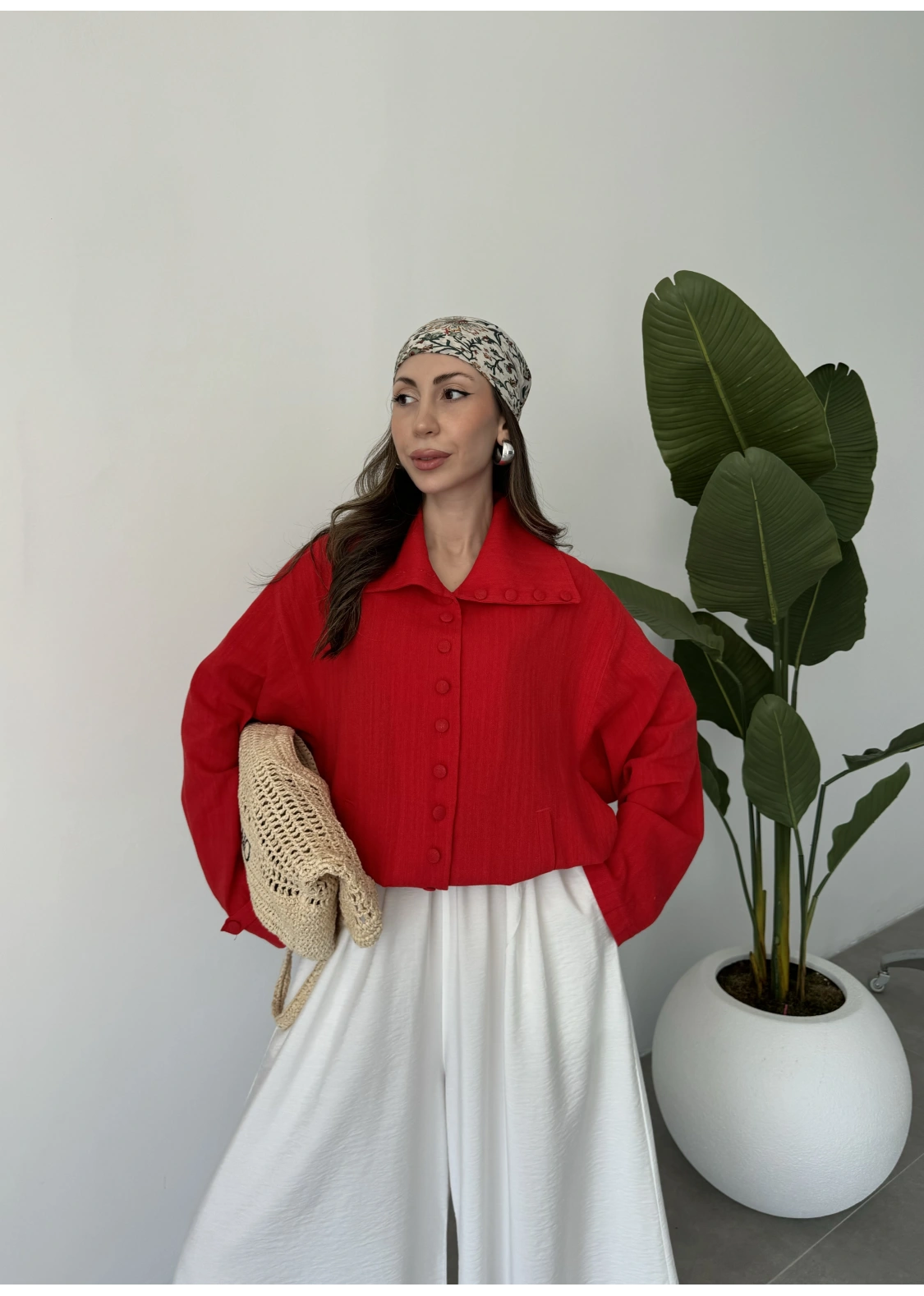 Oversize Düğme Detaylı Keten Kırmızı Ceket