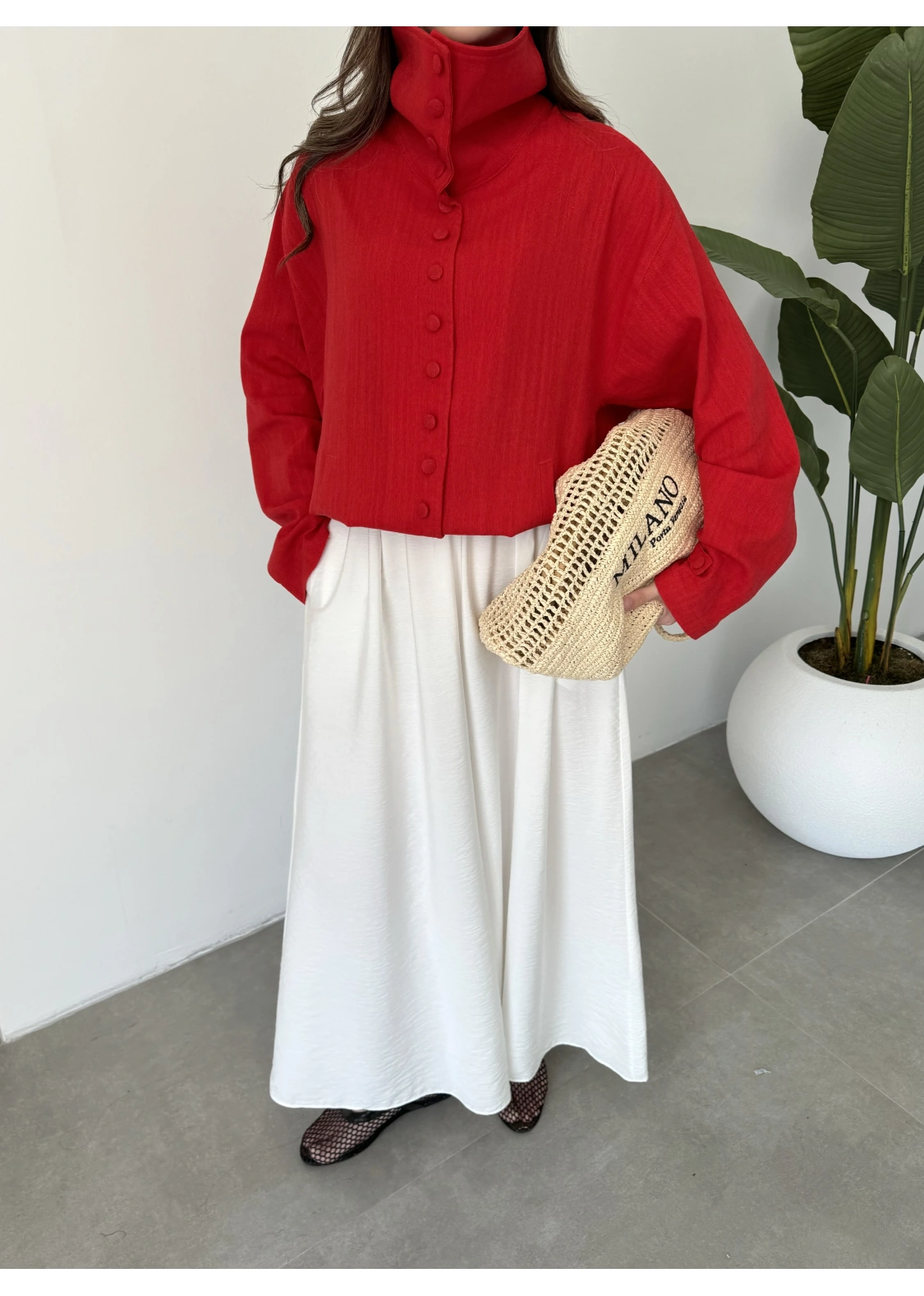 Oversize Düğme Detaylı Keten Kırmızı Ceket