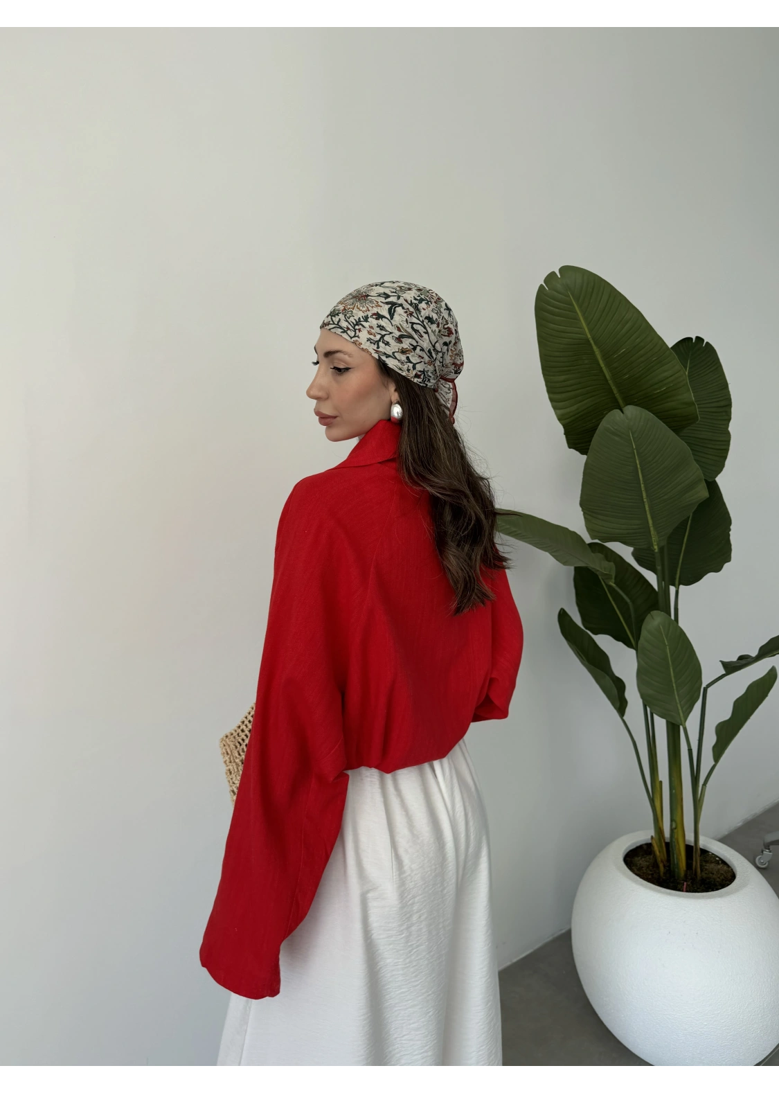 Oversize Düğme Detaylı Keten Kırmızı Ceket