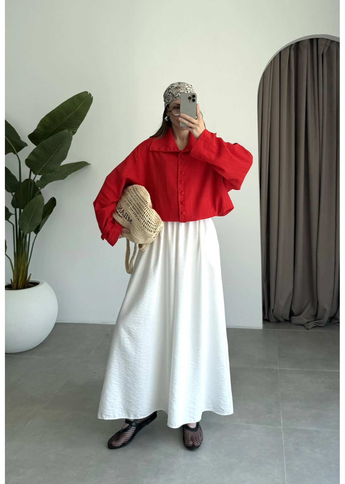 Oversize Düğme Detaylı Keten Kırmızı Ceket