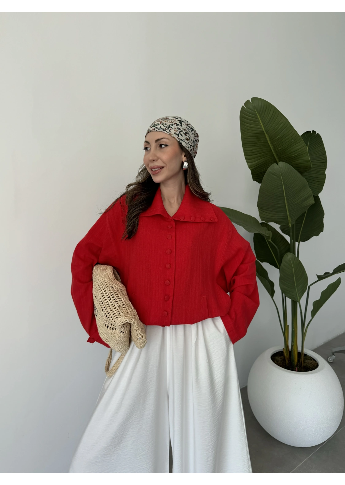 Oversize Düğme Detaylı Keten Kırmızı Ceket