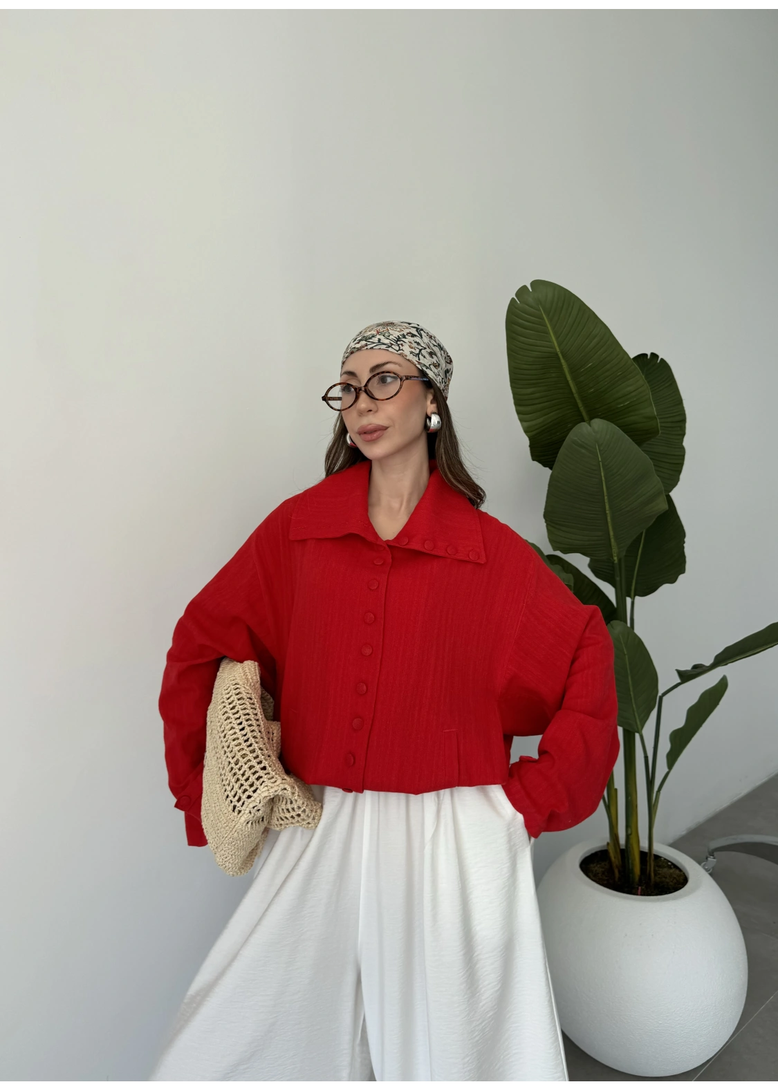 Oversize Düğme Detaylı Keten Kırmızı Ceket