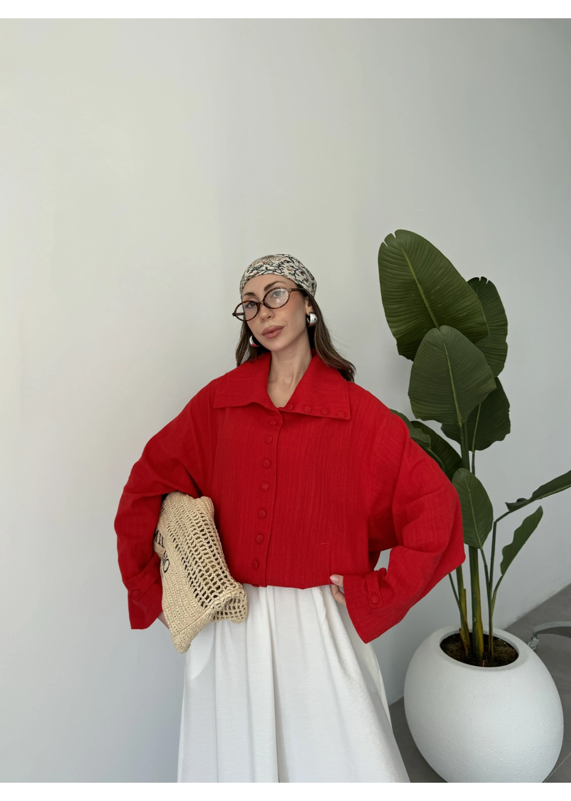 Oversize Düğme Detaylı Keten Kırmızı Ceket