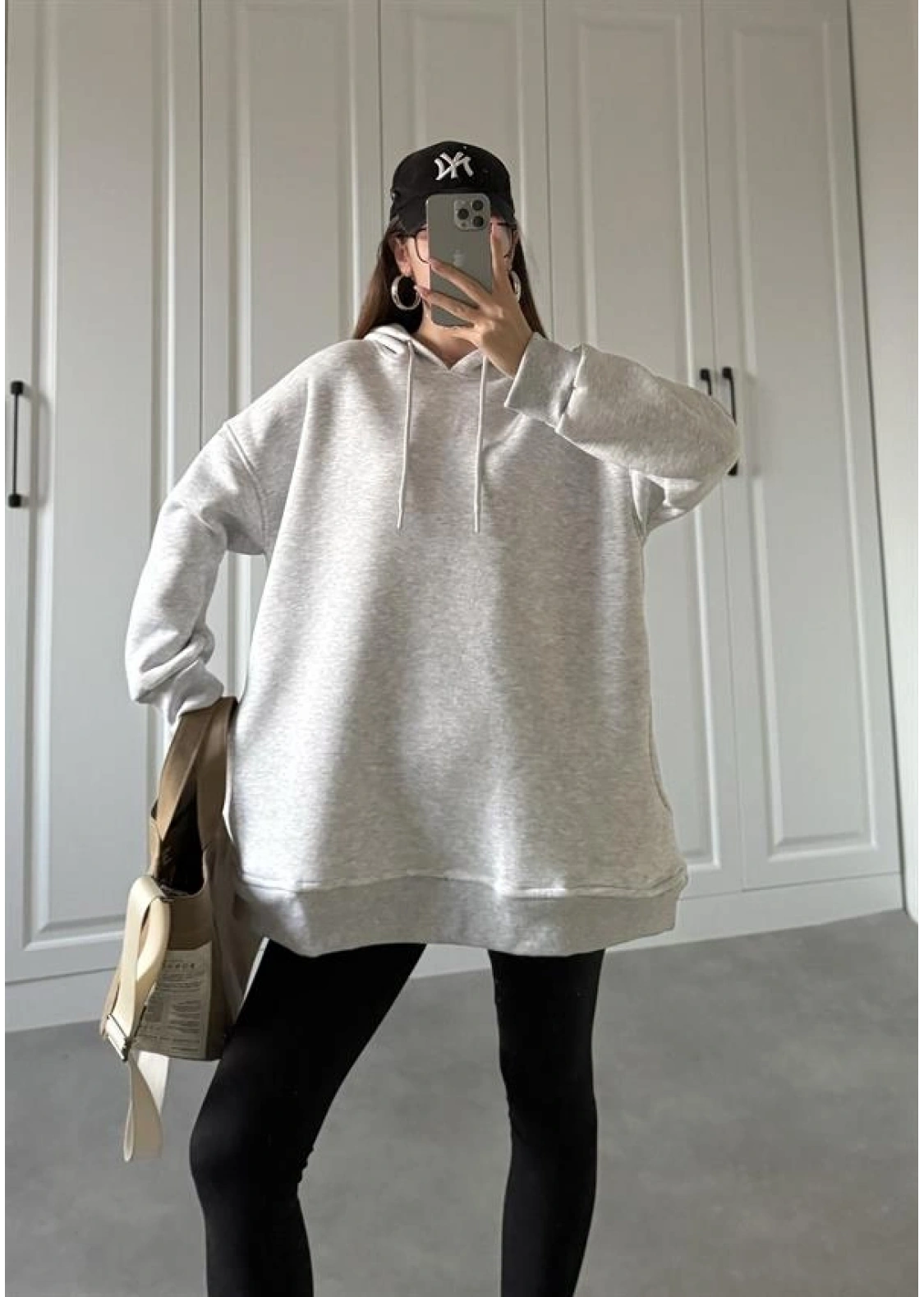 Oversize Üç İplik Şardonlu Gri Sweatshirt
