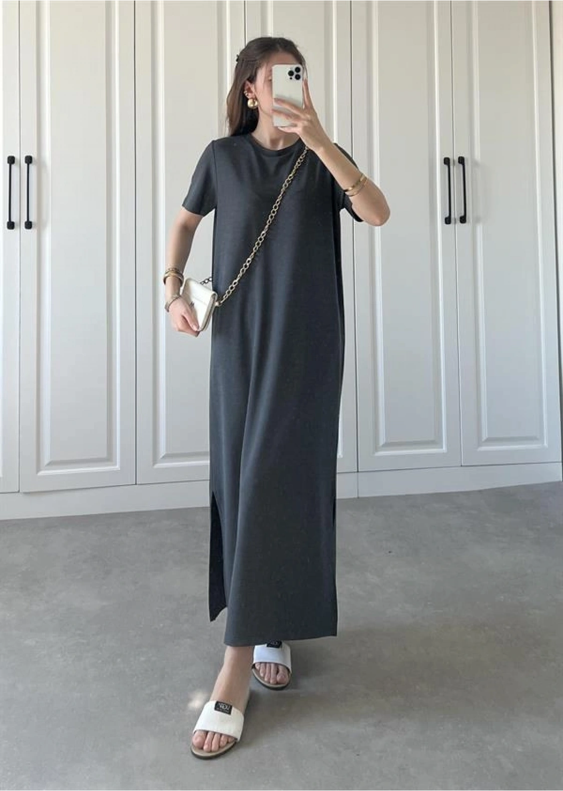 Oys Kumaş Likralı Basic Antrasit Elbise