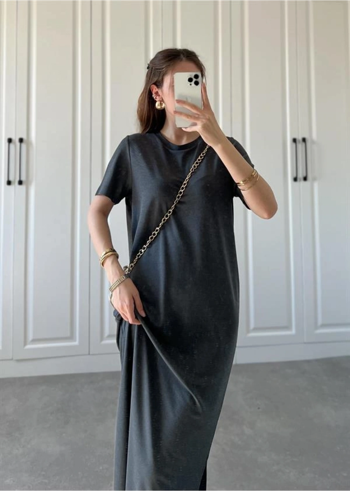 Oys Kumaş Likralı Basic Antrasit Elbise