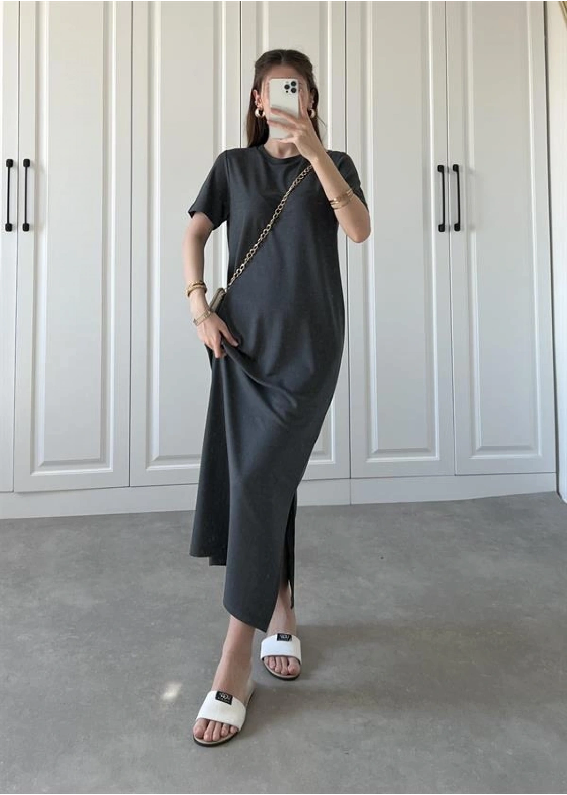 Oys Kumaş Likralı Basic Antrasit Elbise