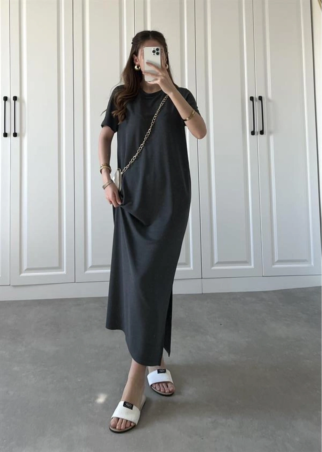 Oys Kumaş Likralı Basic Antrasit Elbise