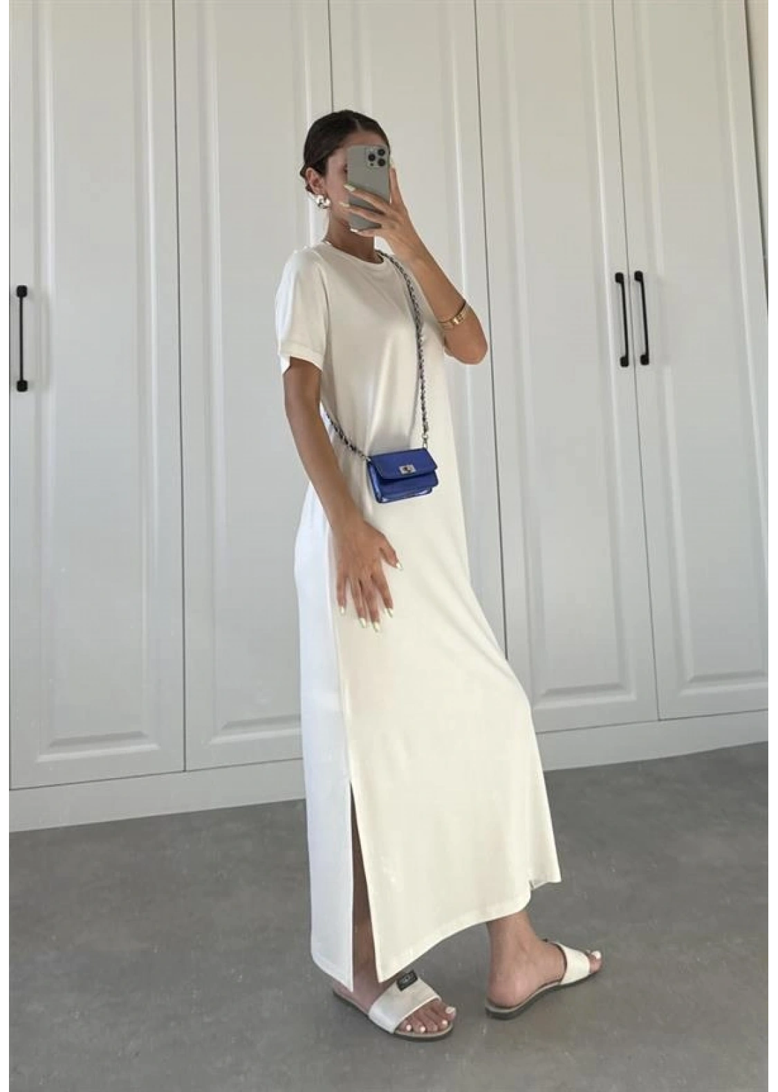 Oys Kumaş Likralı Basic Beyaz Elbise