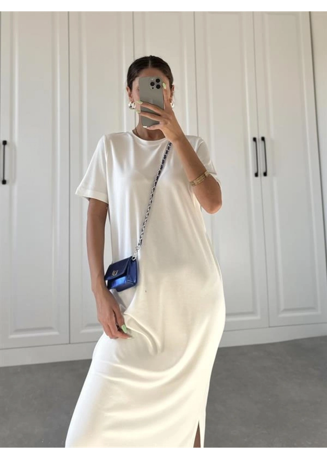 Oys Kumaş Likralı Basic Beyaz Elbise