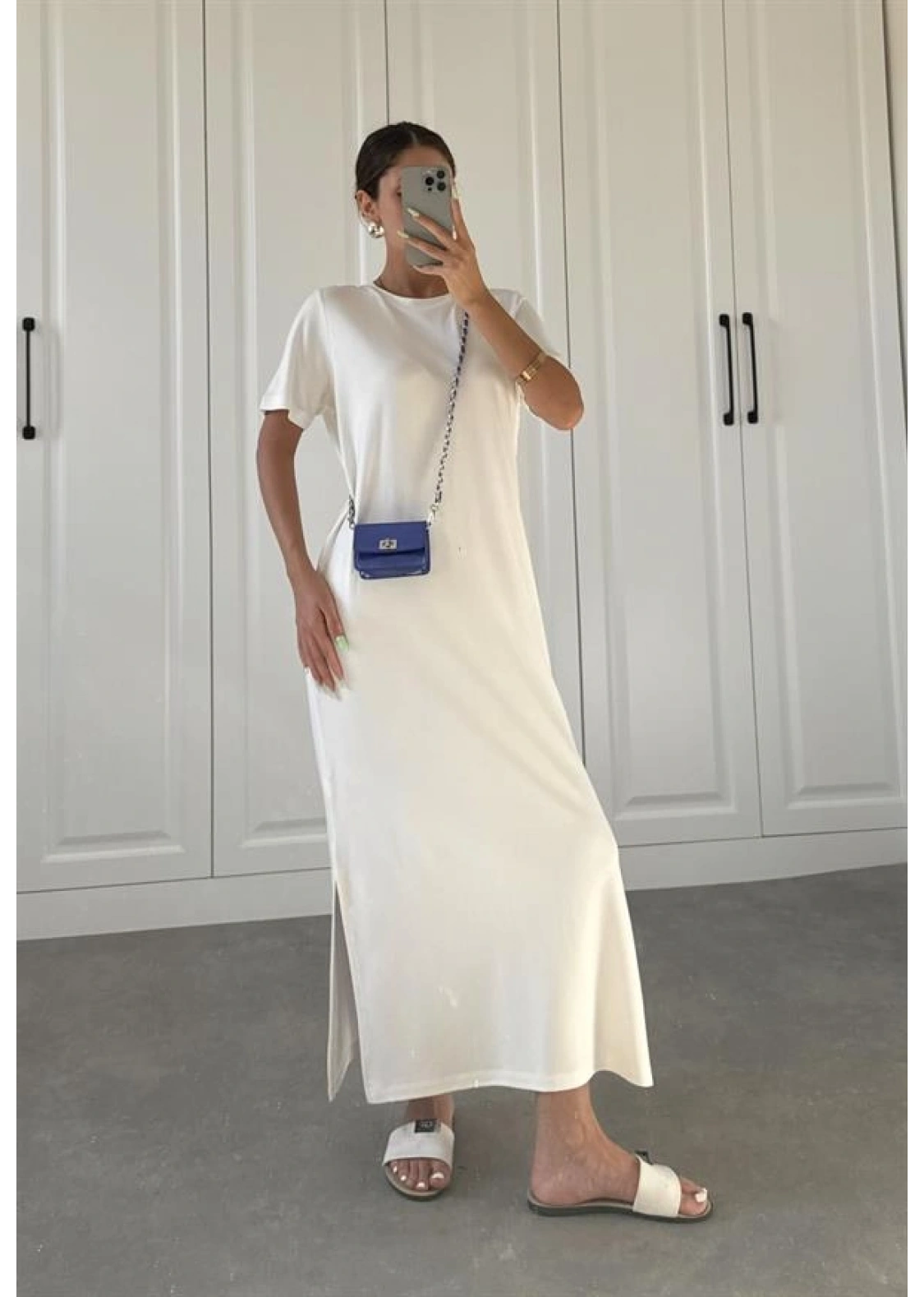 Oys Kumaş Likralı Basic Beyaz Elbise