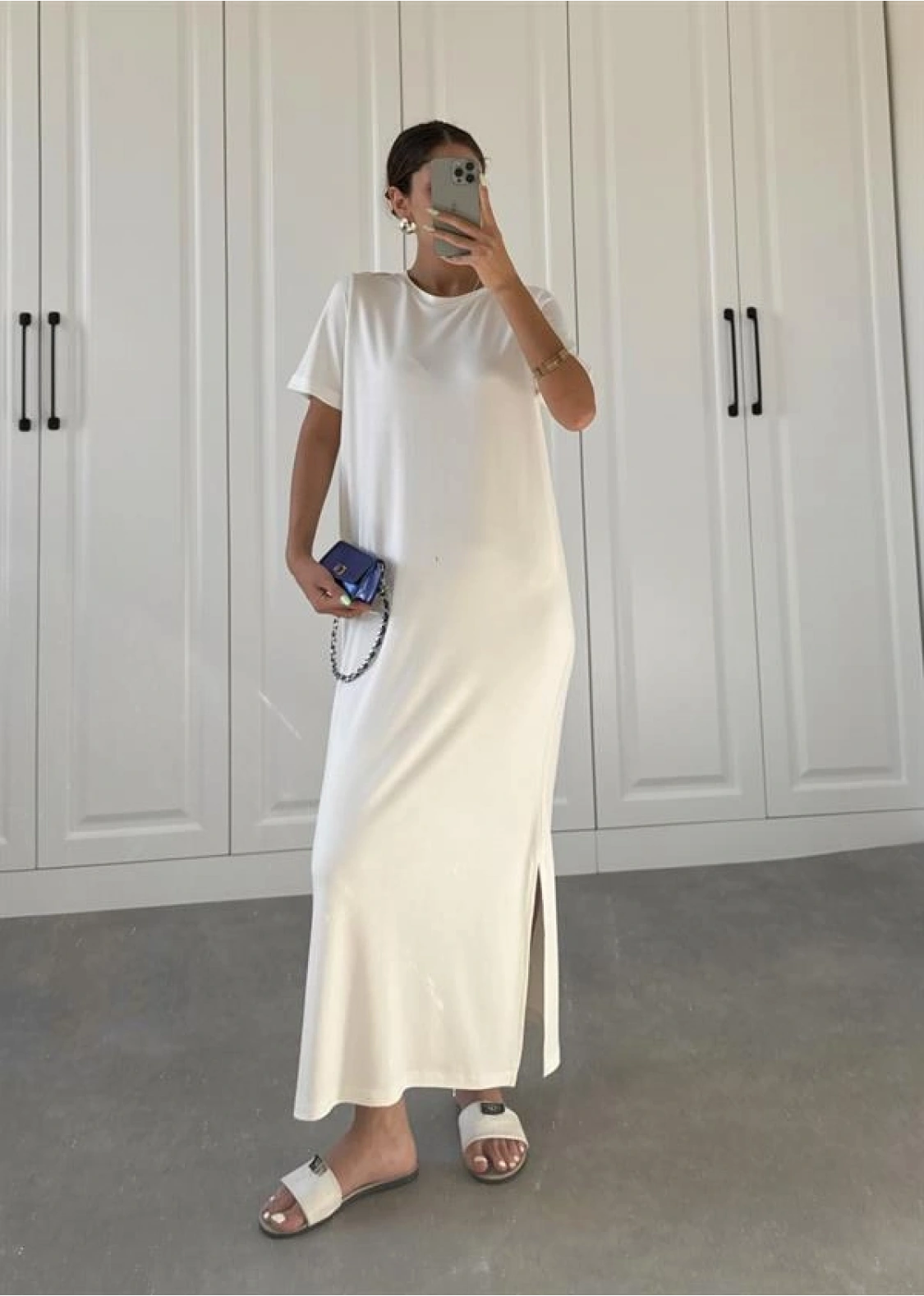 Oys Kumaş Likralı Basic Beyaz Elbise