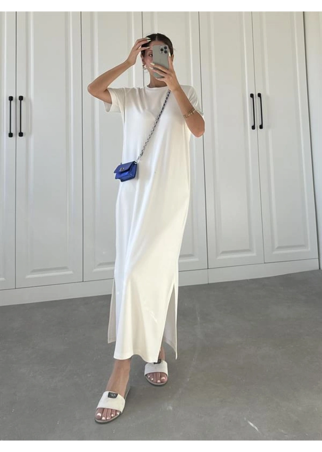 Oys Kumaş Likralı Basic Beyaz Elbise