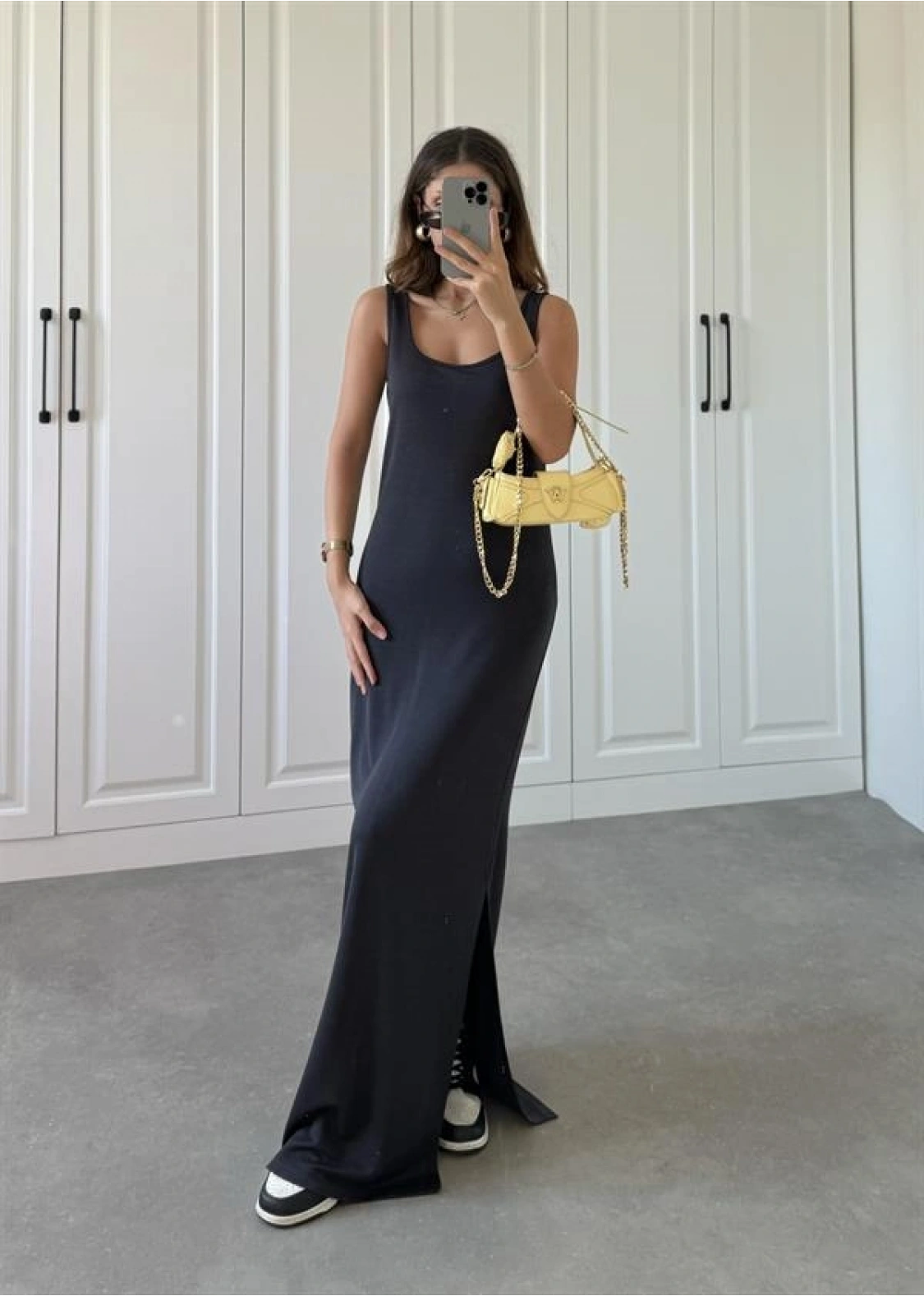 Oysh Kumaş Basic Yırtmaçlı Antrasit Uzun Elbise