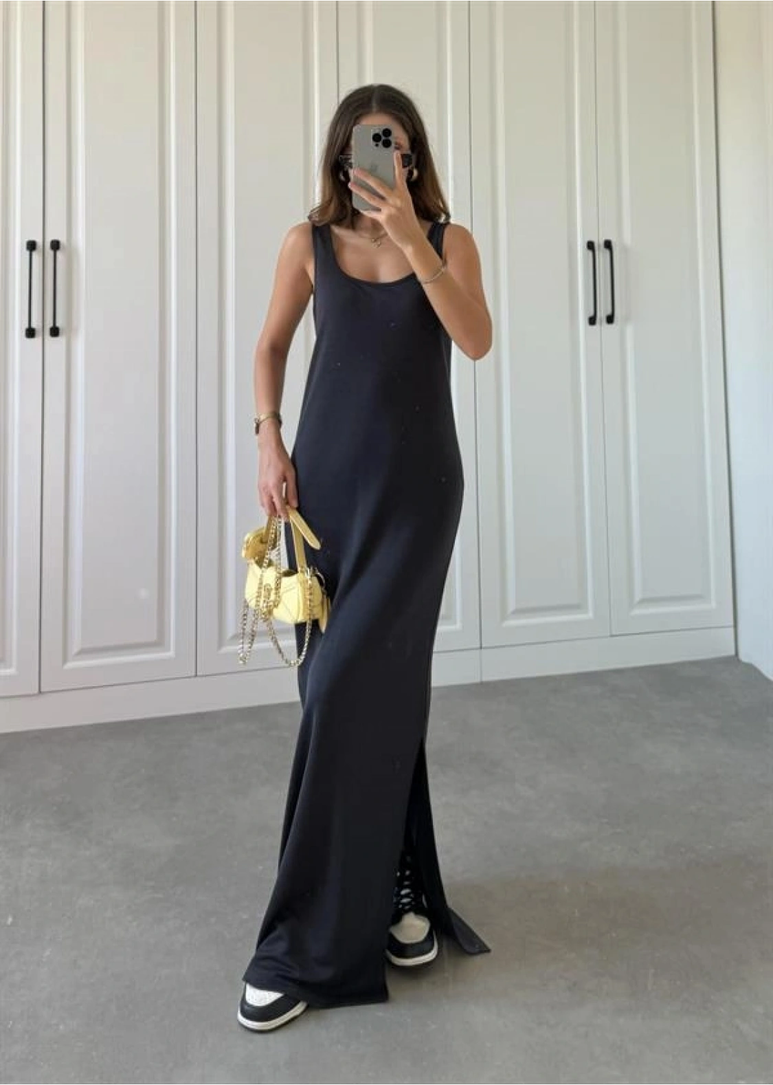 Oysh Kumaş Basic Yırtmaçlı Antrasit Uzun Elbise