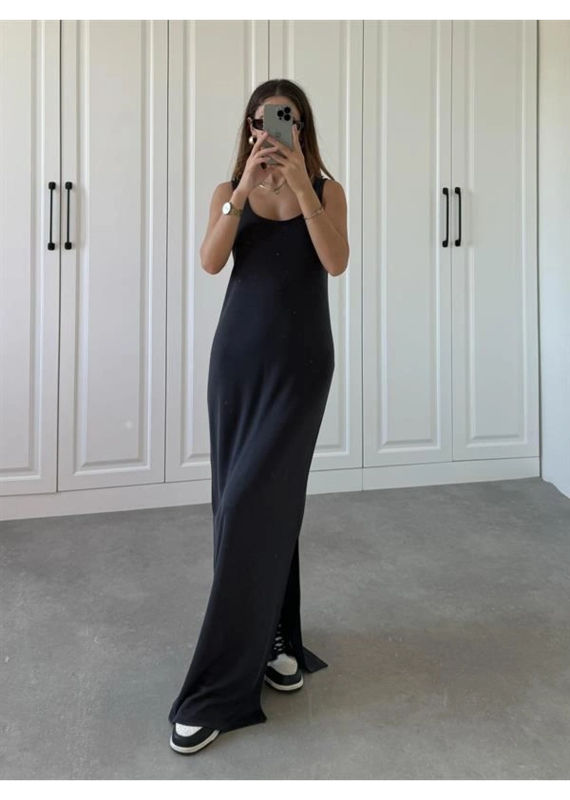 Oysh Kumaş Basic Yırtmaçlı Antrasit Uzun Elbise