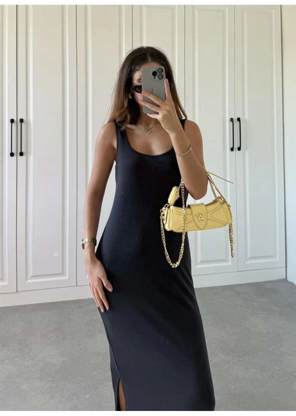 Oysh Kumaş Basic Yırtmaçlı Antrasit Uzun Elbise