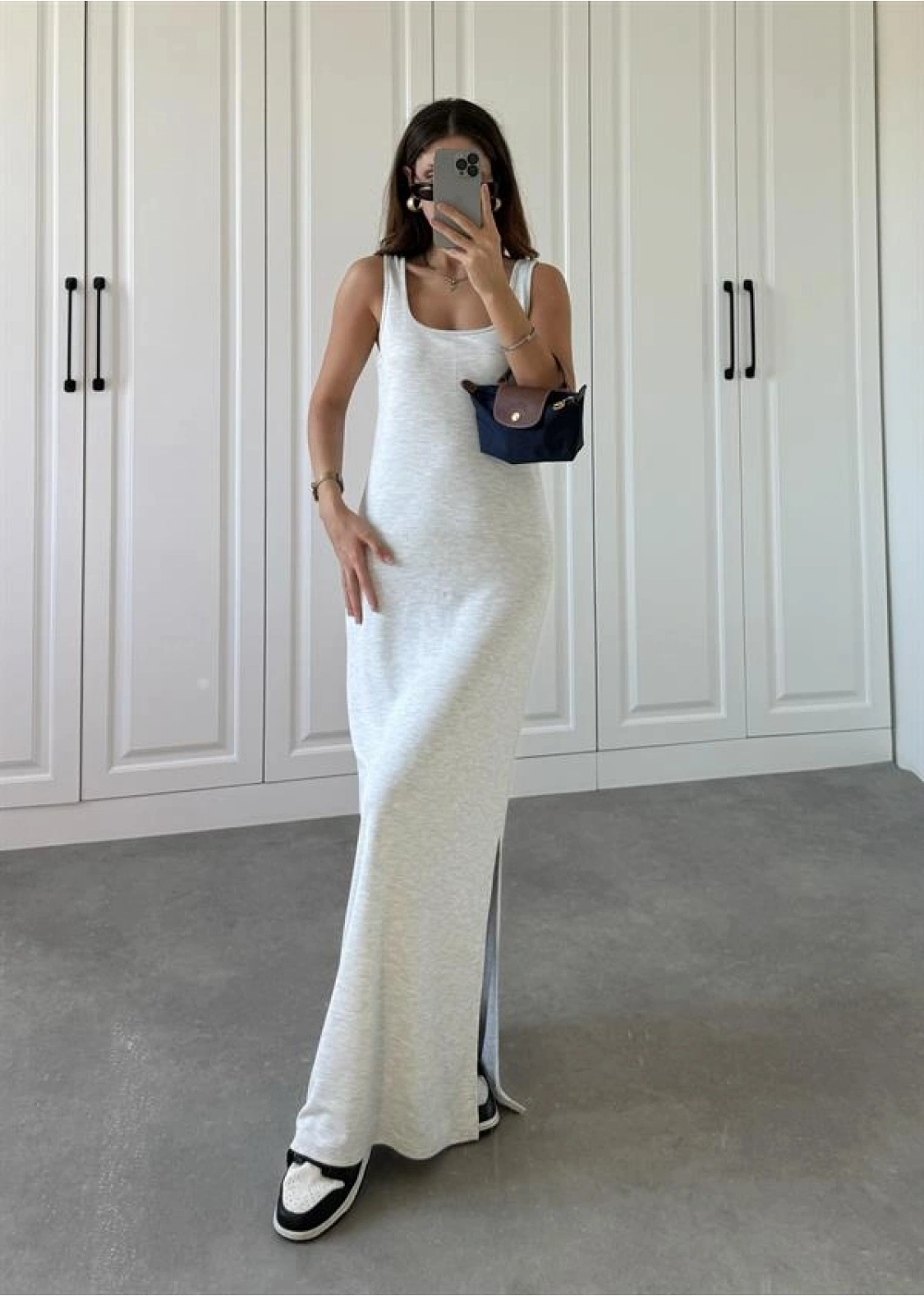 Oysh Kumaş Basic Yırtmaçlı Gri Uzun Elbise