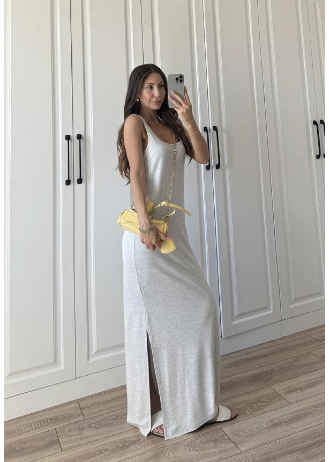 Oysh Kumaş Basic Yırtmaçlı Gri Uzun Elbise