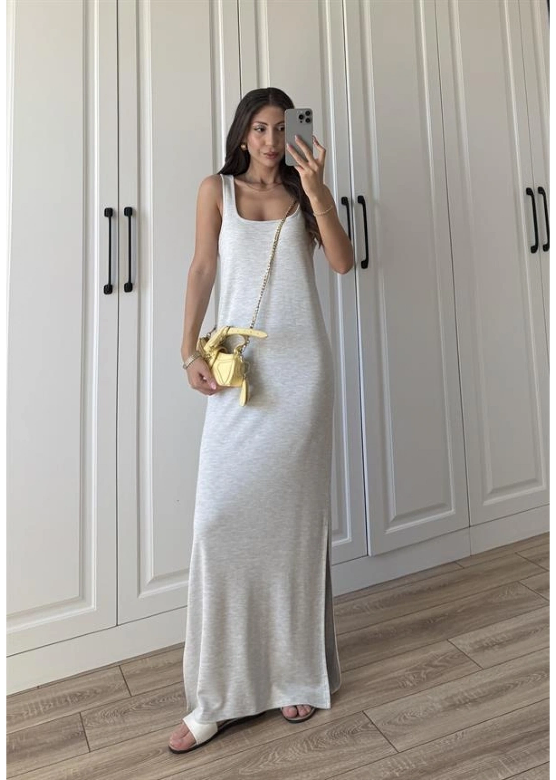 Oysh Kumaş Basic Yırtmaçlı Gri Uzun Elbise