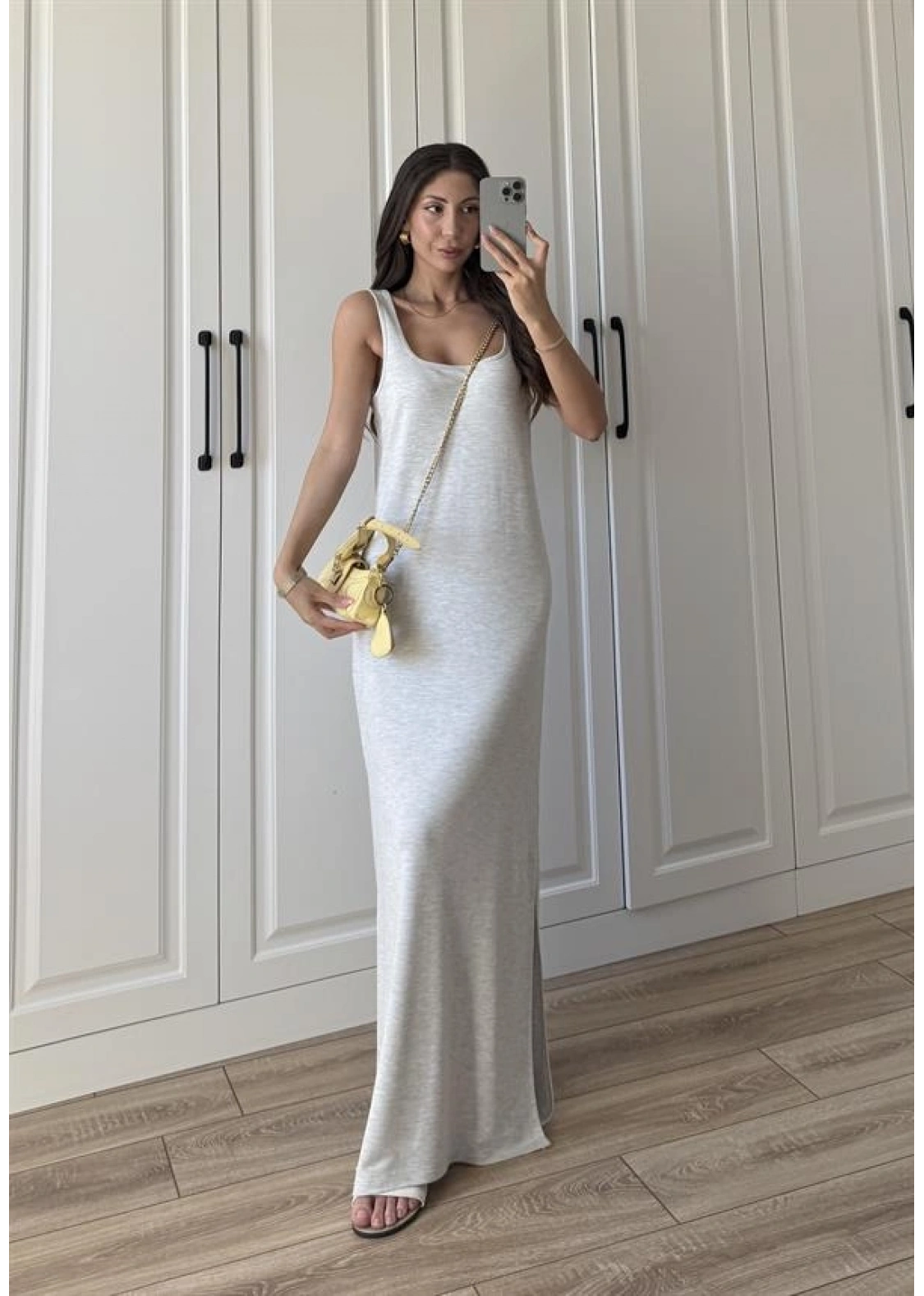 Oysh Kumaş Basic Yırtmaçlı Gri Uzun Elbise