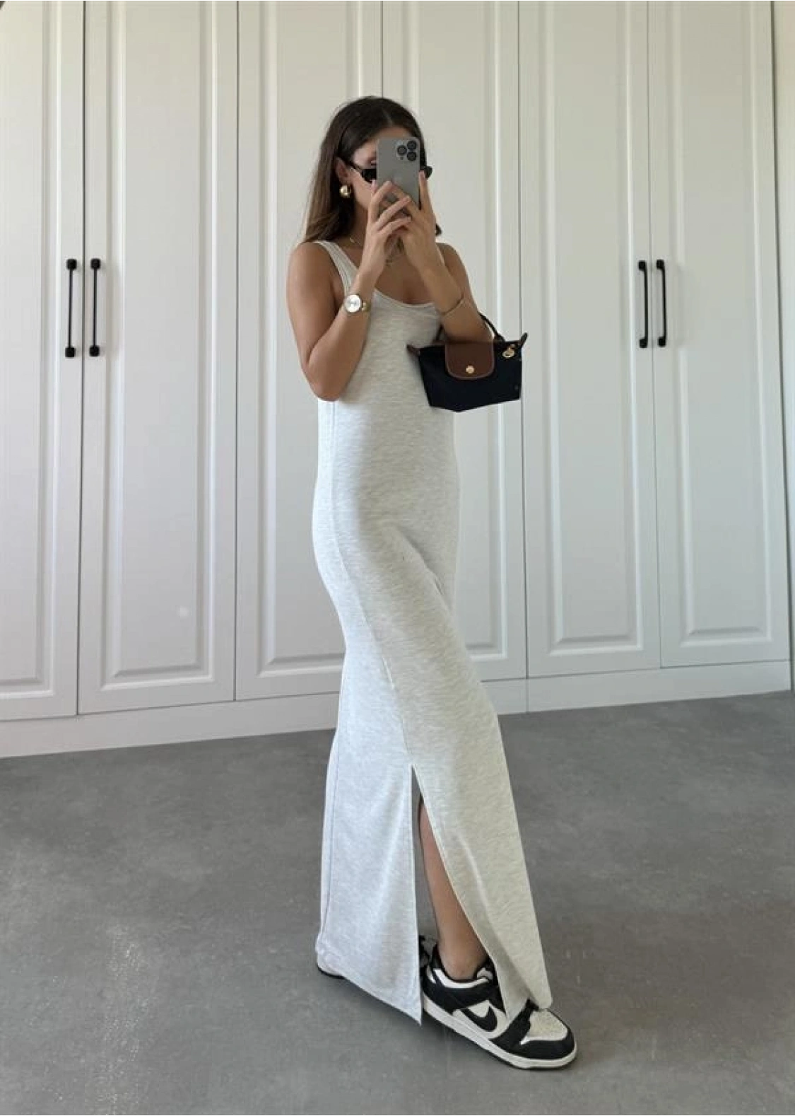 Oysh Kumaş Basic Yırtmaçlı Gri Uzun Elbise