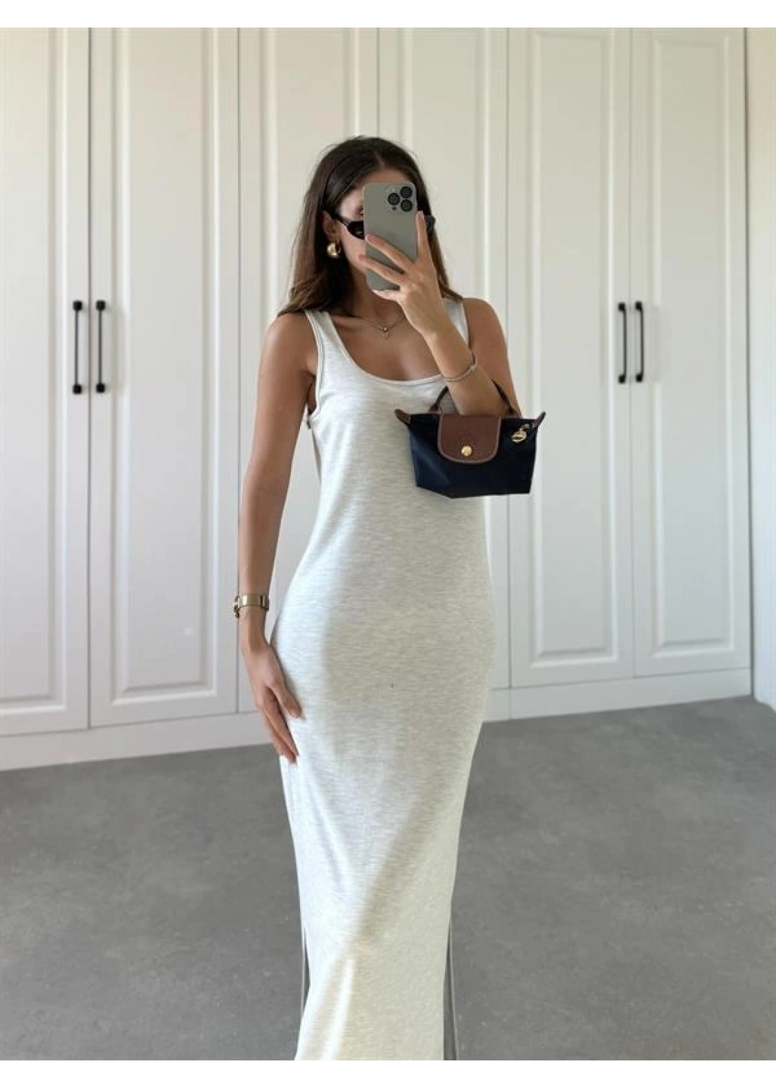 Oysh Kumaş Basic Yırtmaçlı Gri Uzun Elbise