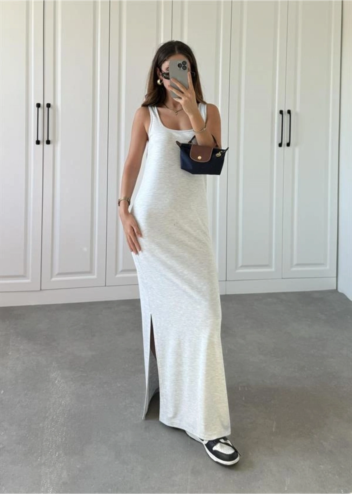 Oysh Kumaş Basic Yırtmaçlı Gri Uzun Elbise