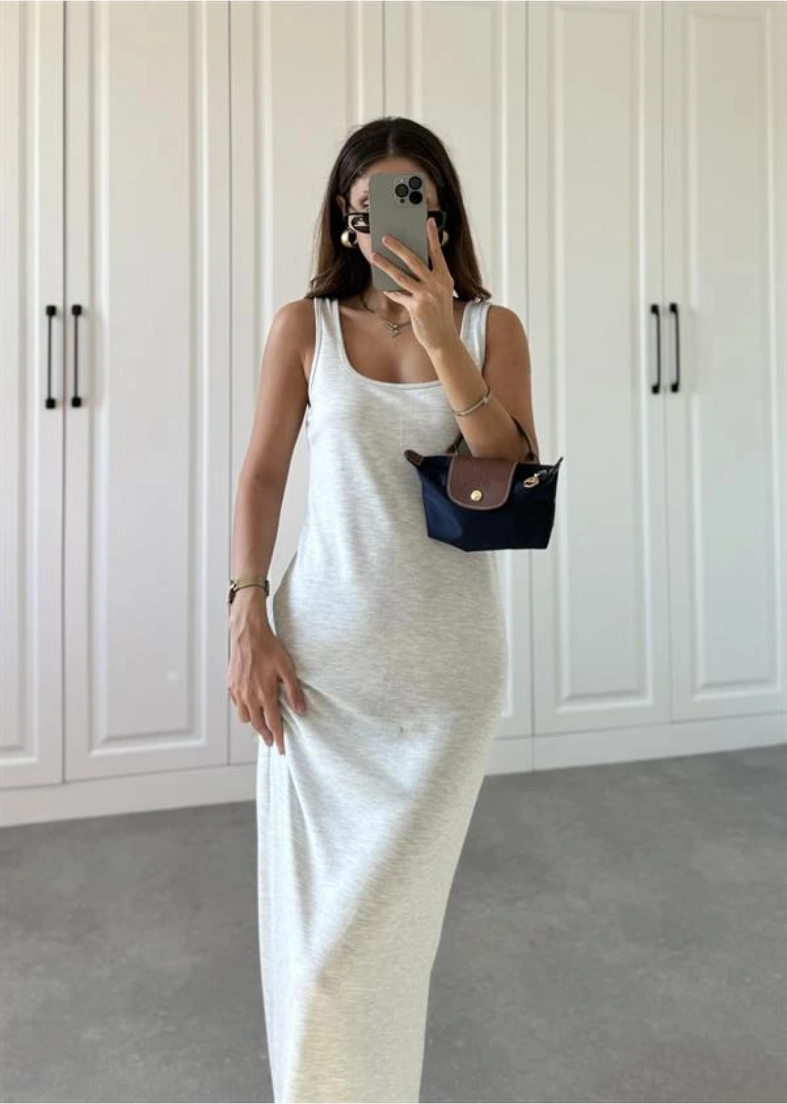 Oysh Kumaş Basic Yırtmaçlı Gri Uzun Elbise