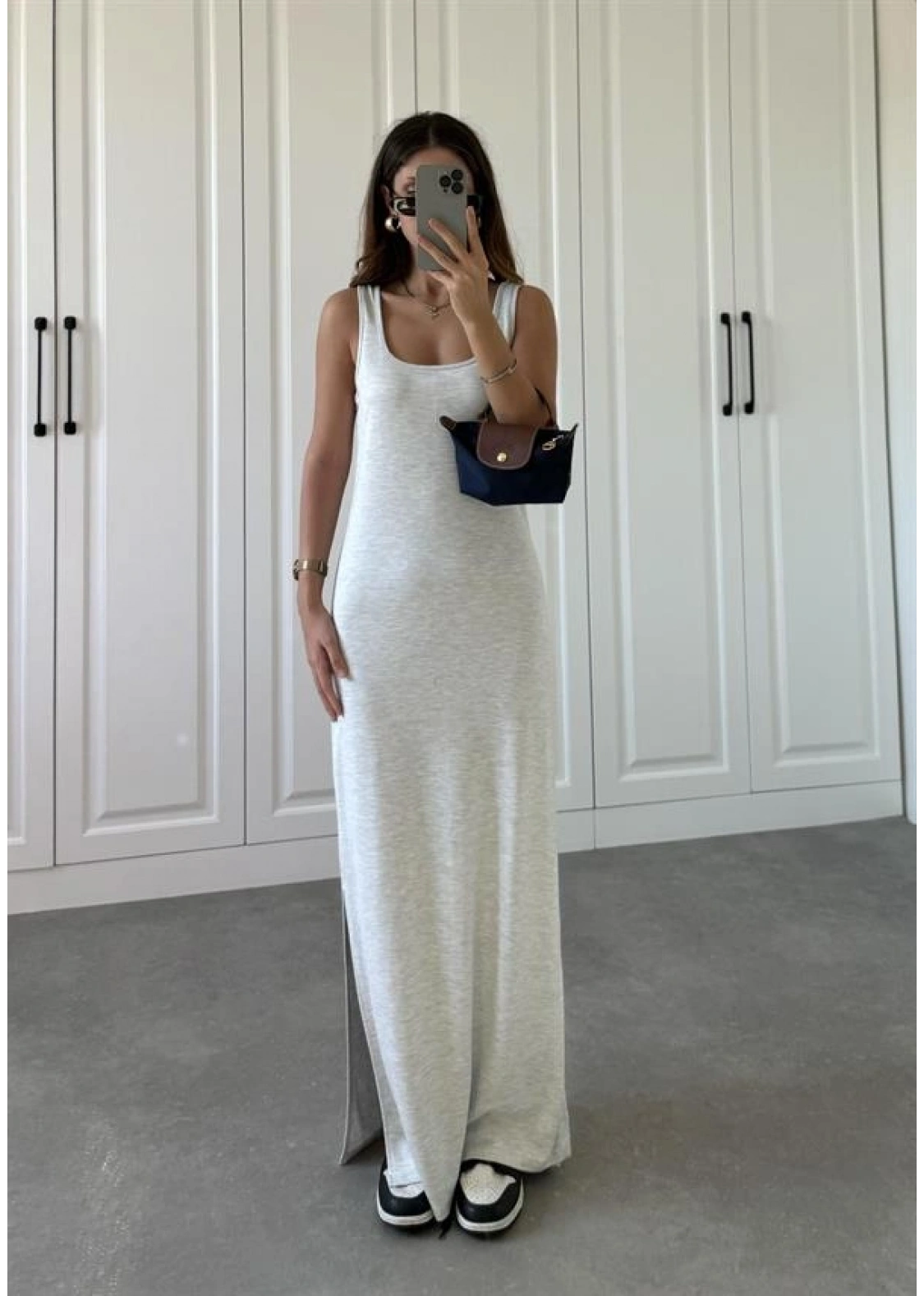 Oysh Kumaş Basic Yırtmaçlı Gri Uzun Elbise