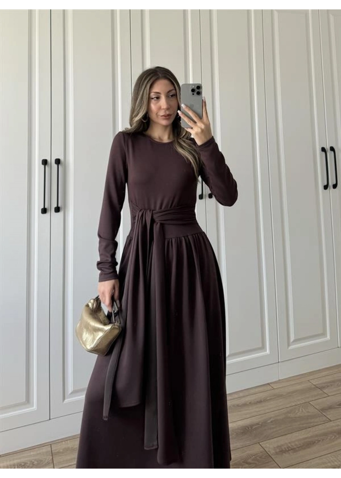 Oysh Kuşaklı Kahve Elbise