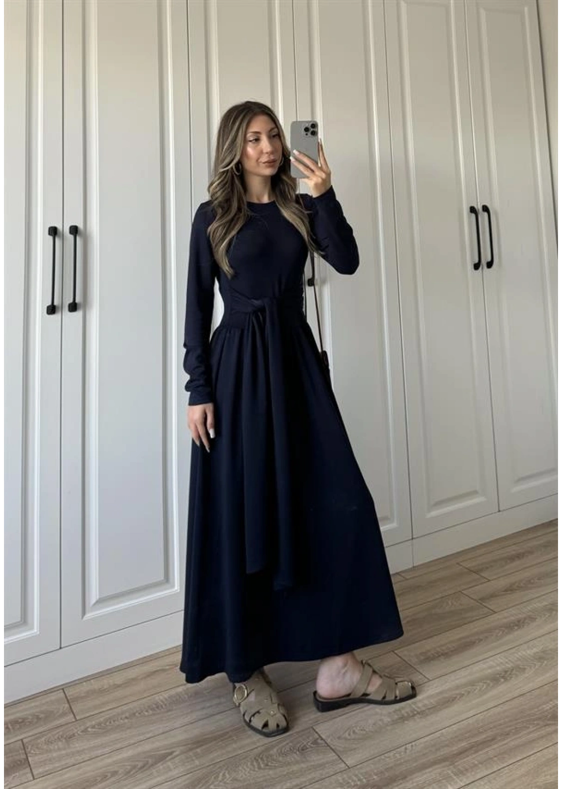 Oysh Kuşaklı Lacivert Elbise