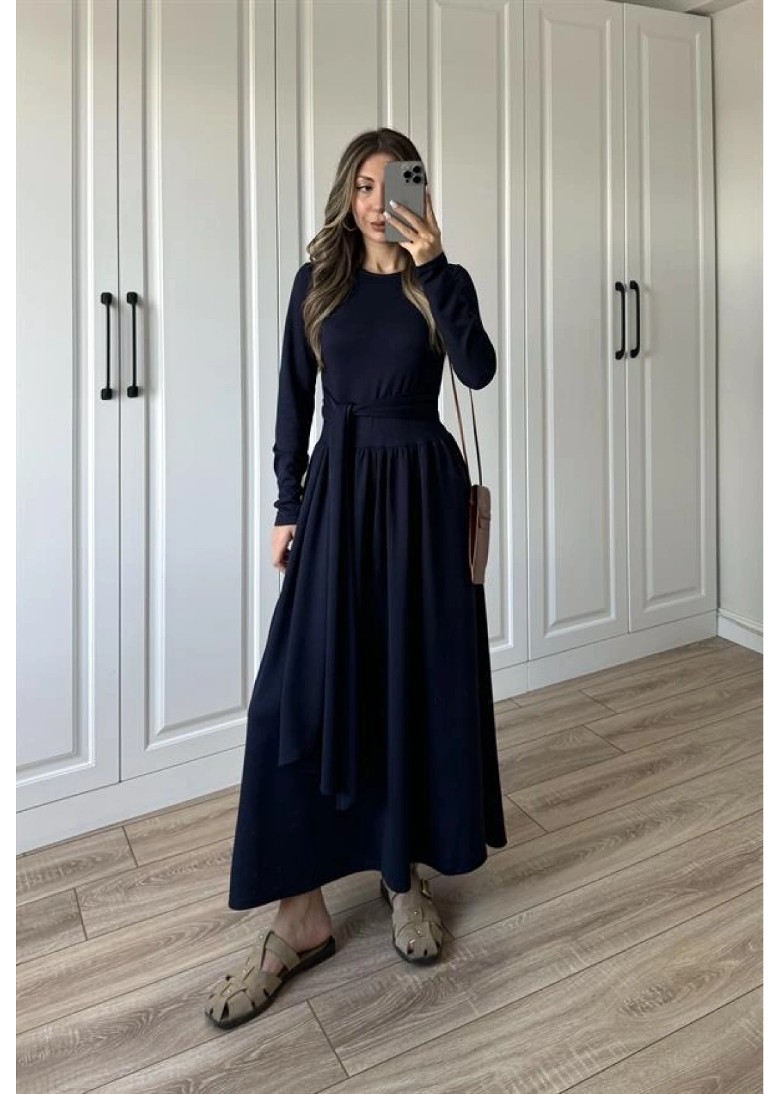 Oysh Kuşaklı Lacivert Elbise
