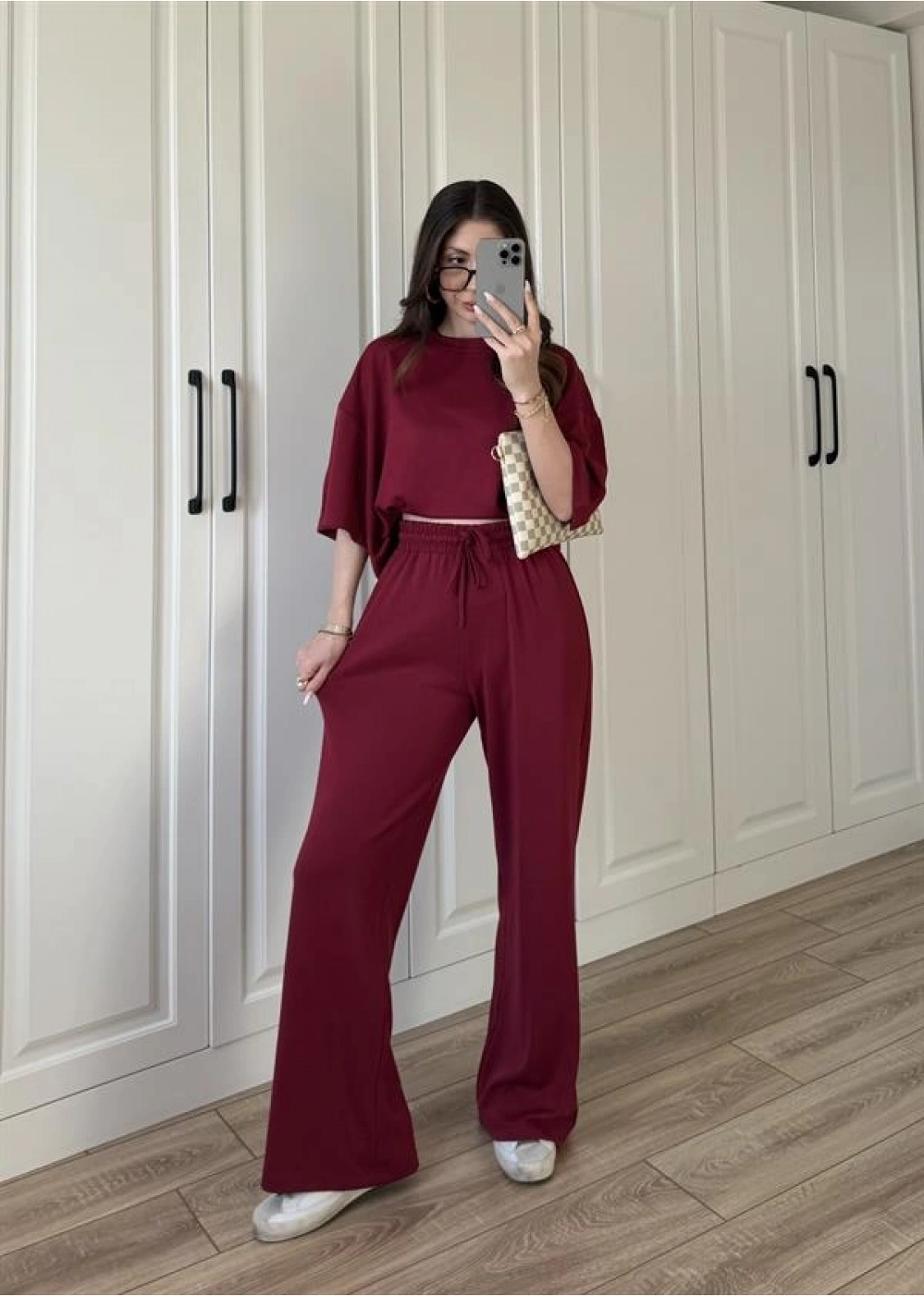 Oysh Moda Kumaş Bordo Basic Kısakollu Takım