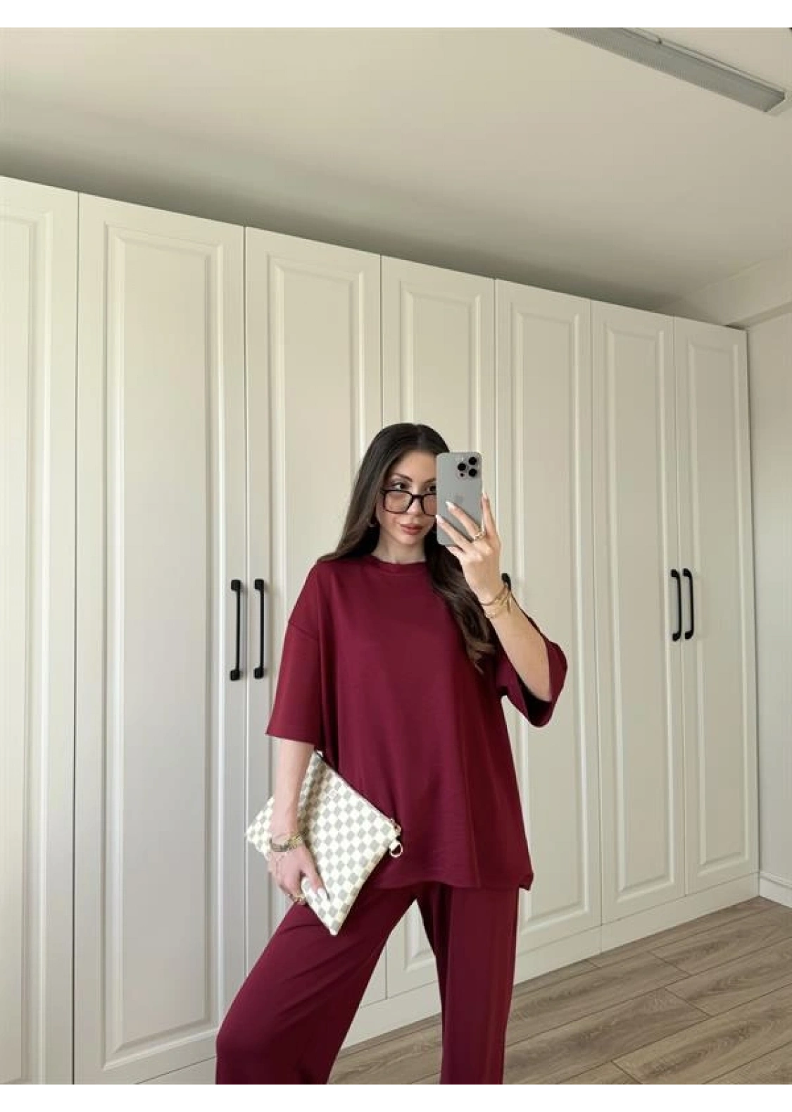 Oysh Moda Kumaş Bordo Basic Kısakollu Takım