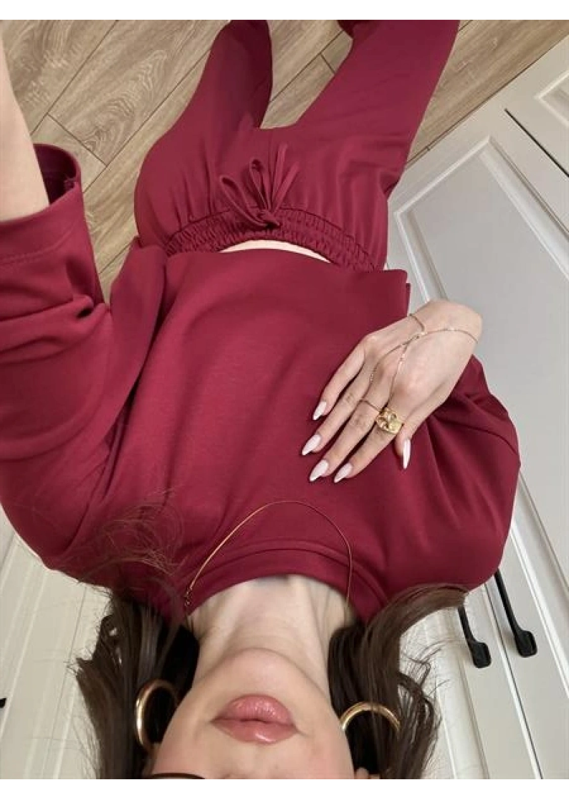 Oysh Moda Kumaş Bordo Basic Kısakollu Takım