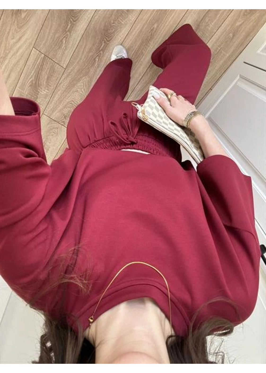 Oysh Moda Kumaş Bordo Basic Kısakollu Takım