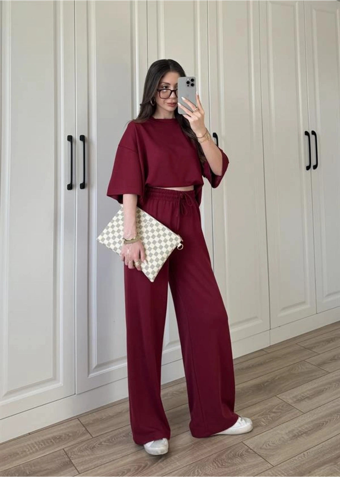 Oysh Moda Kumaş Bordo Basic Kısakollu Takım