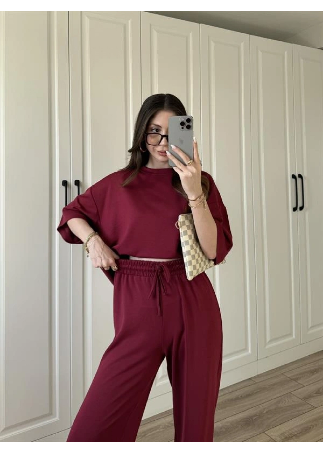 Oysh Moda Kumaş Bordo Basic Kısakollu Takım