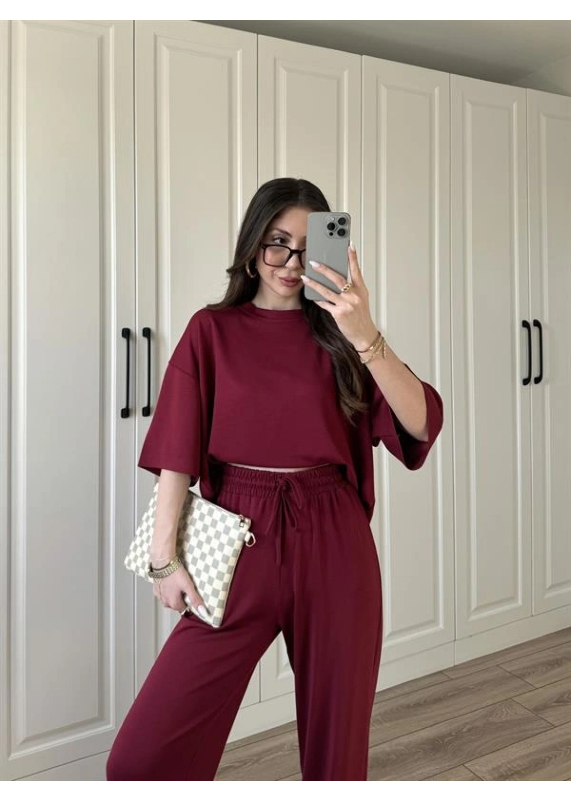 Oysh Moda Kumaş Bordo Basic Kısakollu Takım