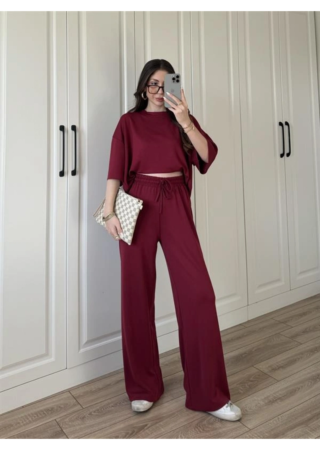 Oysh Moda Kumaş Bordo Basic Kısakollu Takım