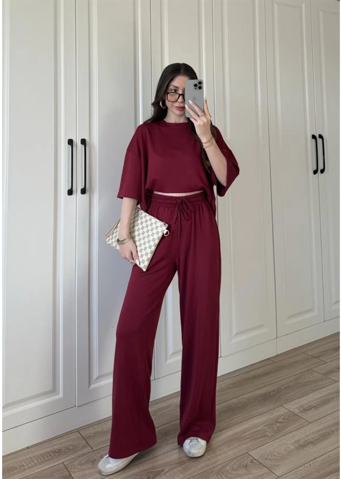 Oysh Moda Kumaş Bordo Basic Kısakollu Takım