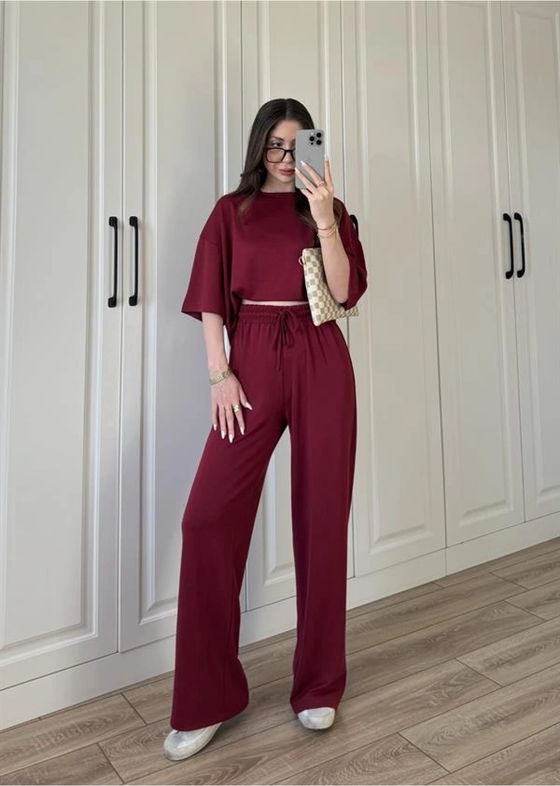Oysh Moda Kumaş Bordo Basic Kısakollu Takım