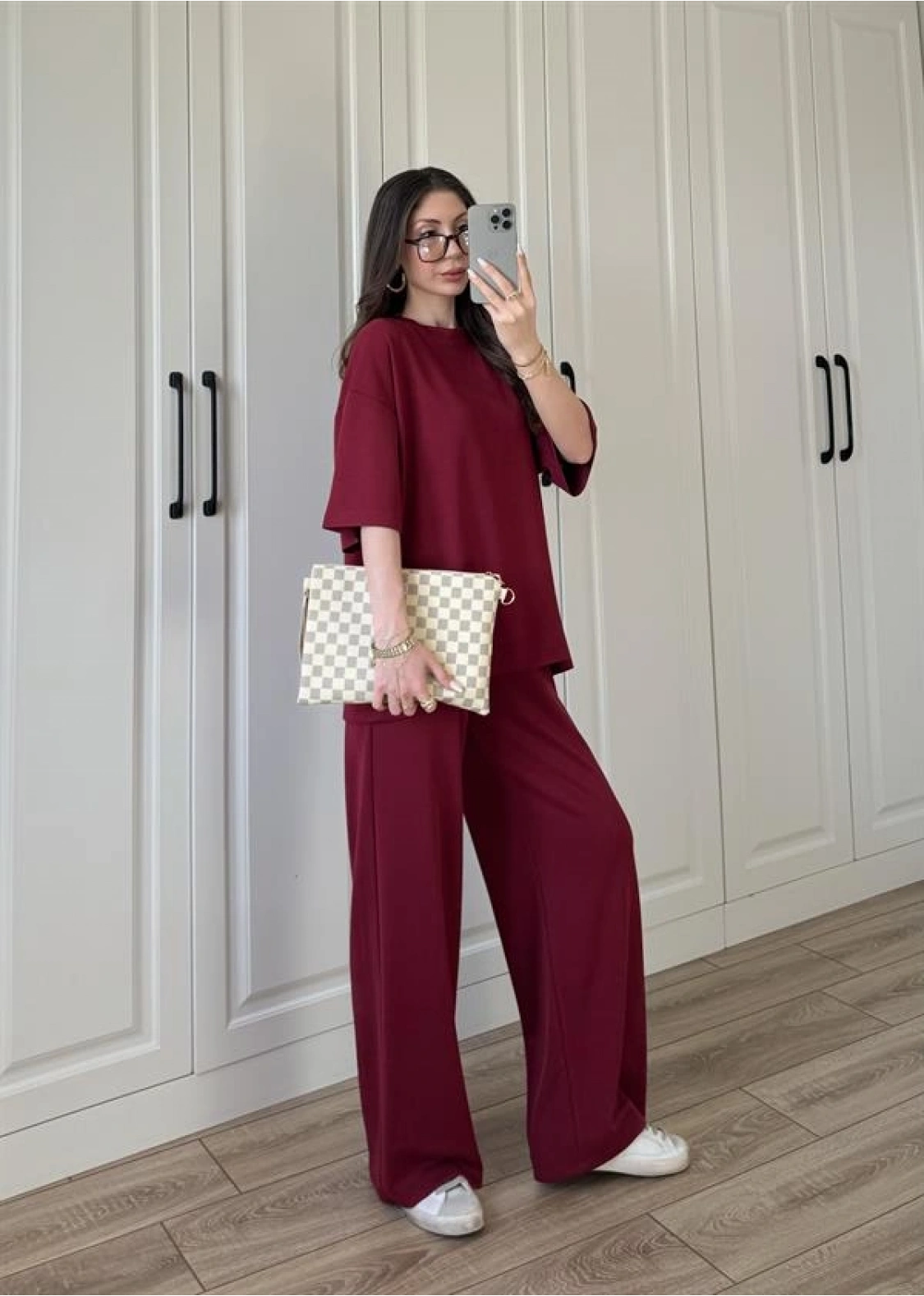 Oysh Moda Kumaş Bordo Basic Kısakollu Takım