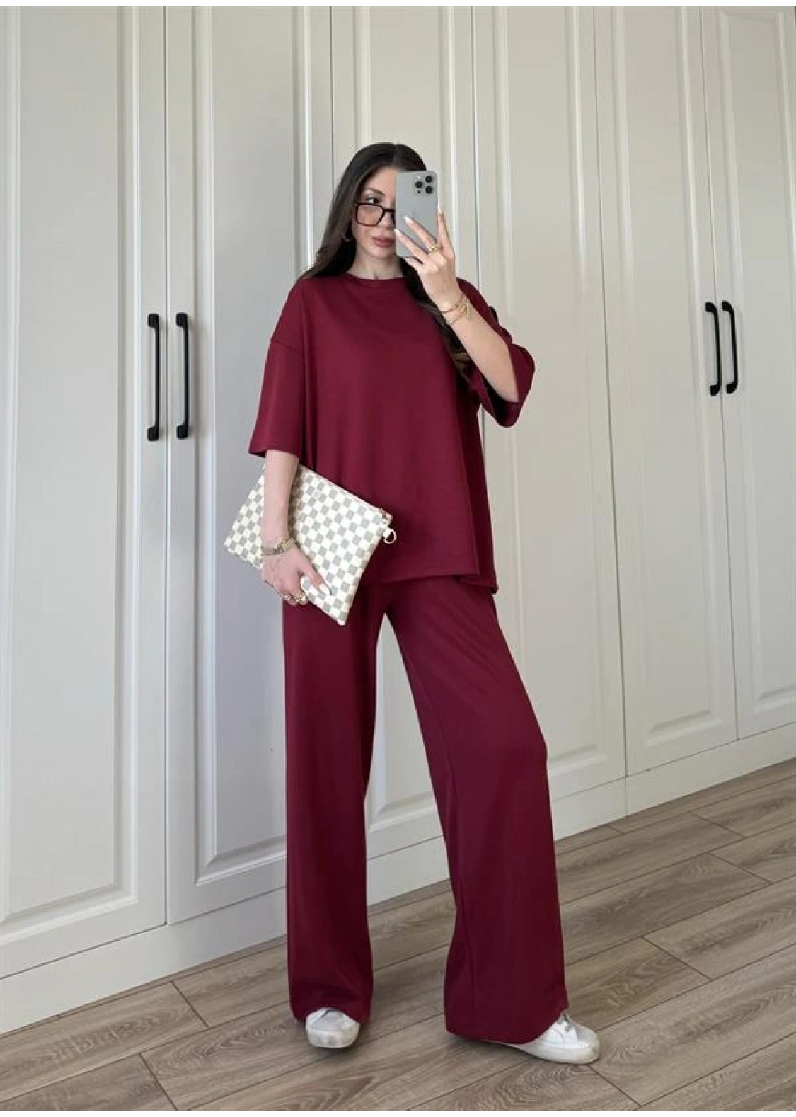 Oysh Moda Kumaş Bordo Basic Kısakollu Takım