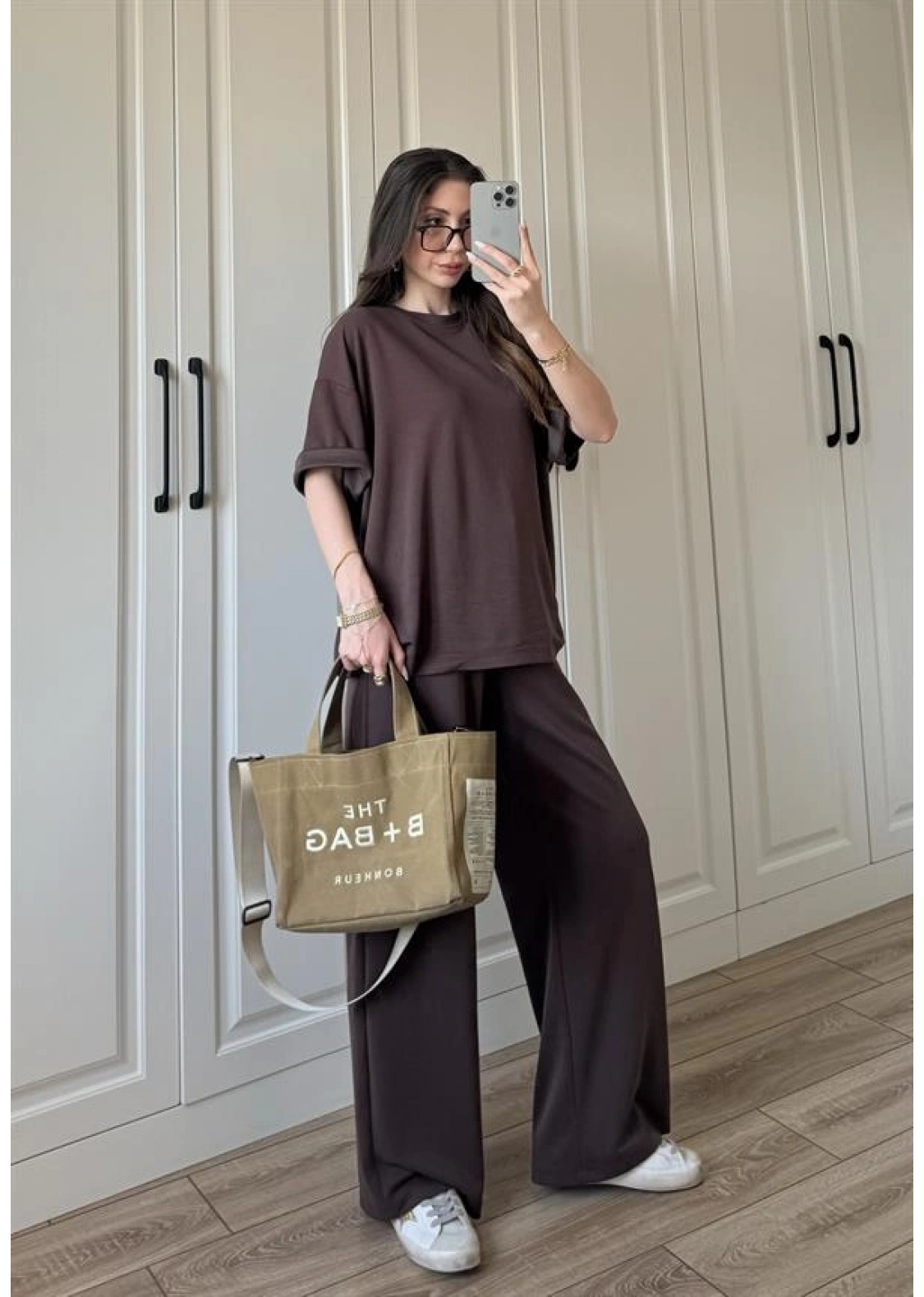 Oysh Moda Kumaş Kahve Basic Kısakollu Takım