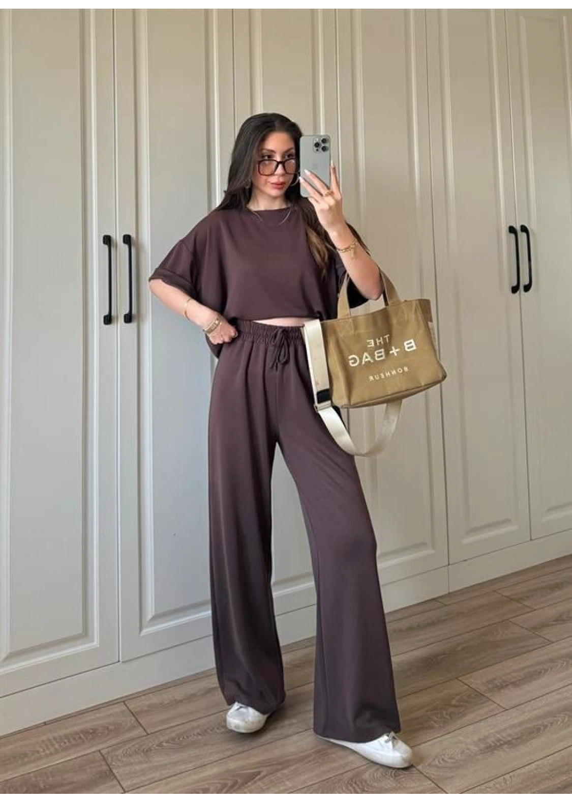 Oysh Moda Kumaş Kahve Basic Kısakollu Takım