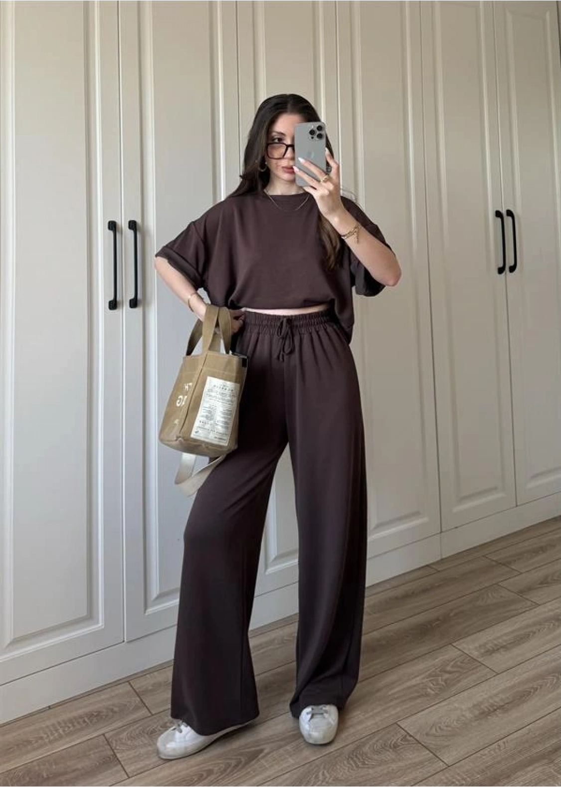 Oysh Moda Kumaş Kahve Basic Kısakollu Takım