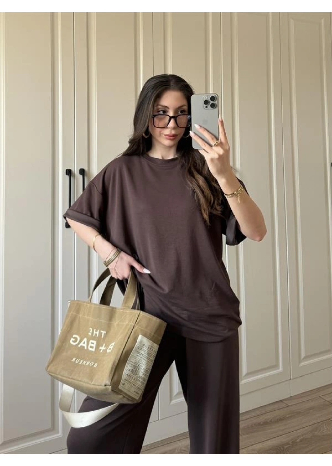 Oysh Moda Kumaş Kahve Basic Kısakollu Takım